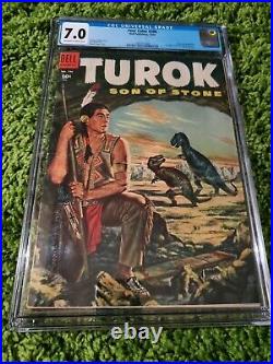 Four Color #596 CGC 7.0 OWithW 1st Turok Son of Stone NICE! Dell 1954